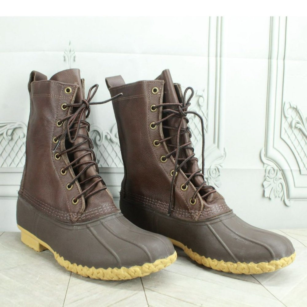 LL Bean Brown Leather Lace Up Unlined Mid Calf Hunting Duck Boots Size 10 N - Picture 3 of 9